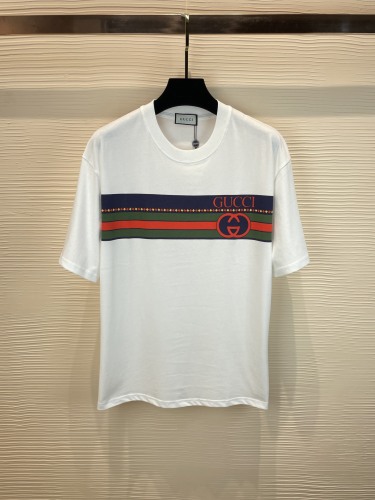 GUCCI 2023 Summer Red, Green Blue Crossbar logo Double G ducting pure cotton round neck short -sleeved T -shirt