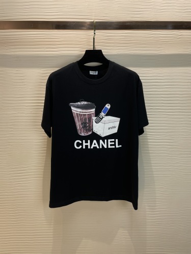CHANEL 2023 Cotton Coffee Cup Pattermid Classification Printing Short -sleeved T -shirt couple model