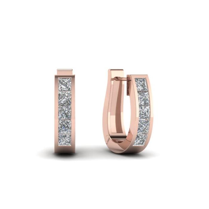 Huggie Design Princess Cut Sterling Silver Hoop Earrings In Rose Gold