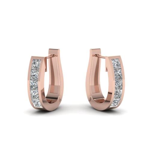 Huggie Design Princess Cut Sterling Silver Hoop Earrings In Rose Gold