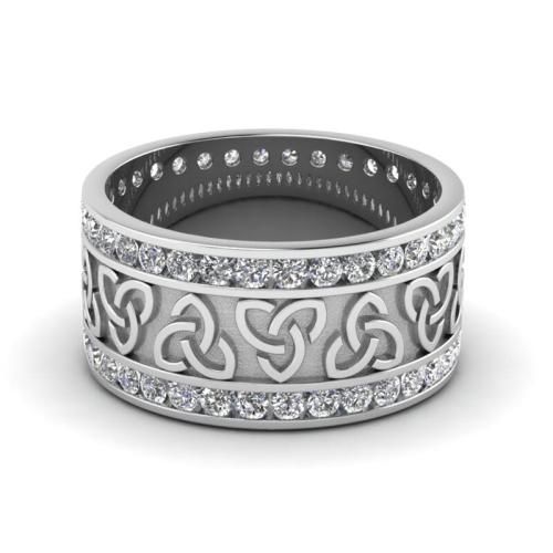 Channel Florid Design Round Cut Sterling Silver Wedding Band In White Gold