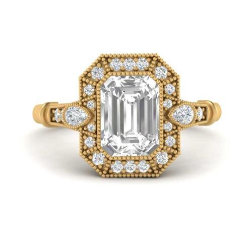 Classic Art Deco Emerald Cut Sterling Silver Engagement Ring In Yellow Gold
