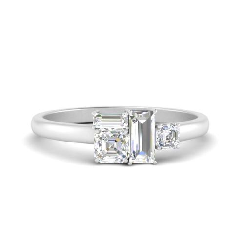 Asymmetrical Offbeat Asscher With Baguette Sterling Silver Wedding Band In White Gold