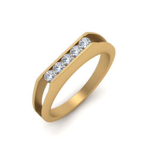 Squared Channel Five Stone Round Cut Sterling Silver Wedding Band In Yellow Gold