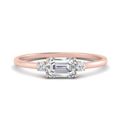 Three Stone Emerald With Round Cut Sterling Silver Engagement Ring In Rose Gold