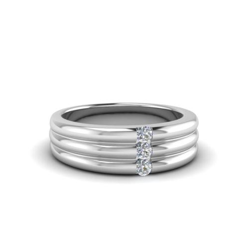 Simple Triple Round Cut Sterling Silver Wedding Band In White Gold