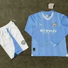 2023/24 Man City Home Blue Fans Long Sleeve Kids Soccer jersey