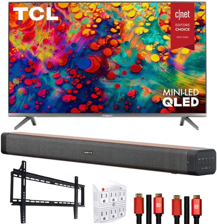 TCL 55R635 55-inch 6-Series 4K QLED Dolby Vision HDR Roku Smart TV Bundle with Deco Home Soundbar with Dual Subwoofers, Wall Mount, 2X Deco Gear HDMI Cable, 6-Outlet Surge Adapter with Night Light