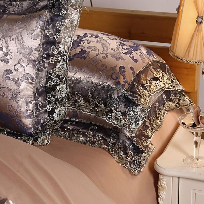 Fateena Silver Brown Luxury Satin Cotton Lace Duvet Cover Set