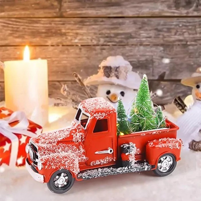 【Christmas Decoration】Red Car Truck Decor Crafts with Tree