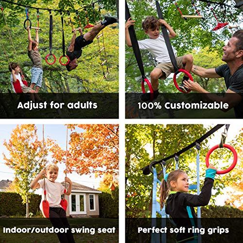 lab mouvement Ninja Warrior Obstacle Course for Kids - Backyard PlaySet - 50 feet Slackline - Gymnastics Indoor and Outdoor Rings - Monkey Bars - Climbing Net - Kids Outdoor Play Sports