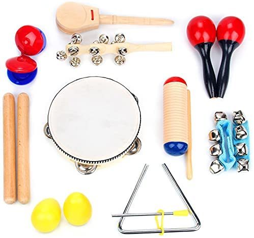 Boxiki kids Musical Instrument Set 16 PCS Rhythm & Music Education Toys for Kids. Includes Clave Sticks, Shakers, Tambourine, Wrist Bells & Maracas for Kids. Natural Toys with Carrying Case.