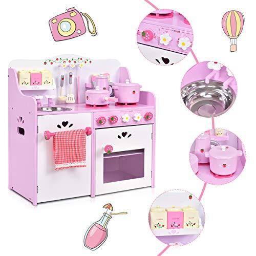 Costzon Kids Kitchen Playset, Wooden Cookware Pretend Cooking Food Set Toddler Gift Toy (24.4 Height, Pink)