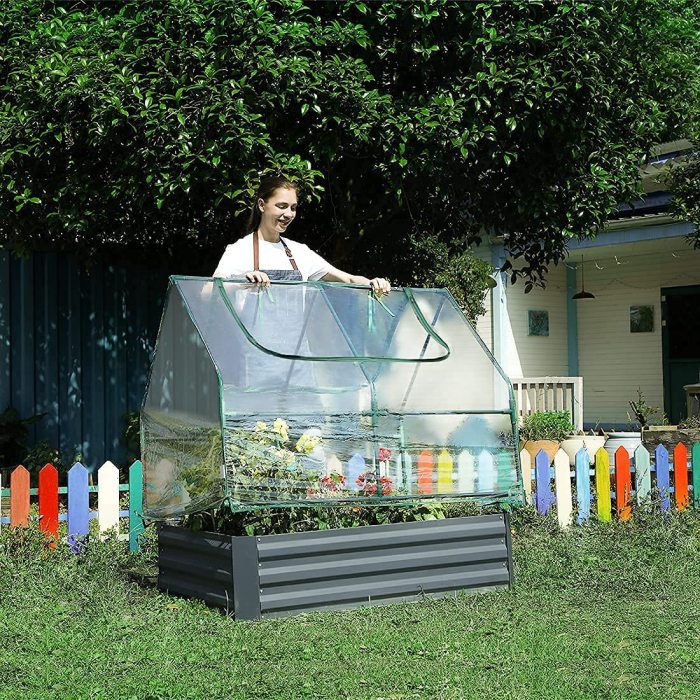 4×3×1 Ft Extra-Thick Galvanized Steel Raised Garden Bed Planter Kit Box with Greenhouse 2 Large Zipper Windows Dual Use, 20pcs T-Types Tags & 1 Pair of Gloves Included (Clear)