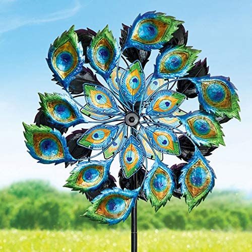 Solar Peacock Wind Spinner - Decorative Solar Powered Kinetic Wind Mill: Glass Ball Emits Color-Changing Light
