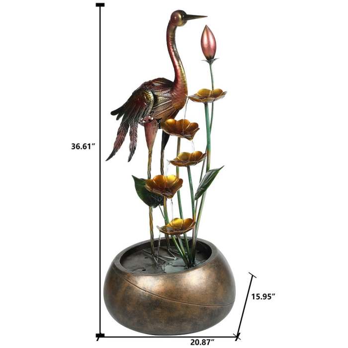 Metal Crane and Flowers Outdoor Resin Fountain with Solar Light