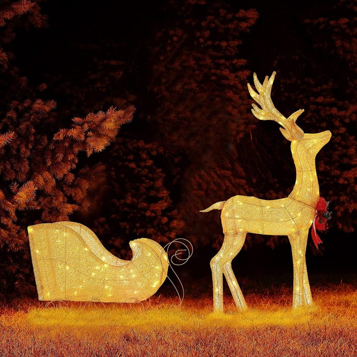 Lighted Outdoor Christmas Decoration for Yard, 2-Piece Reindeer and Sleigh Set Holiday Decor with Lights, Ground Stakes and Zip Ties, Gold