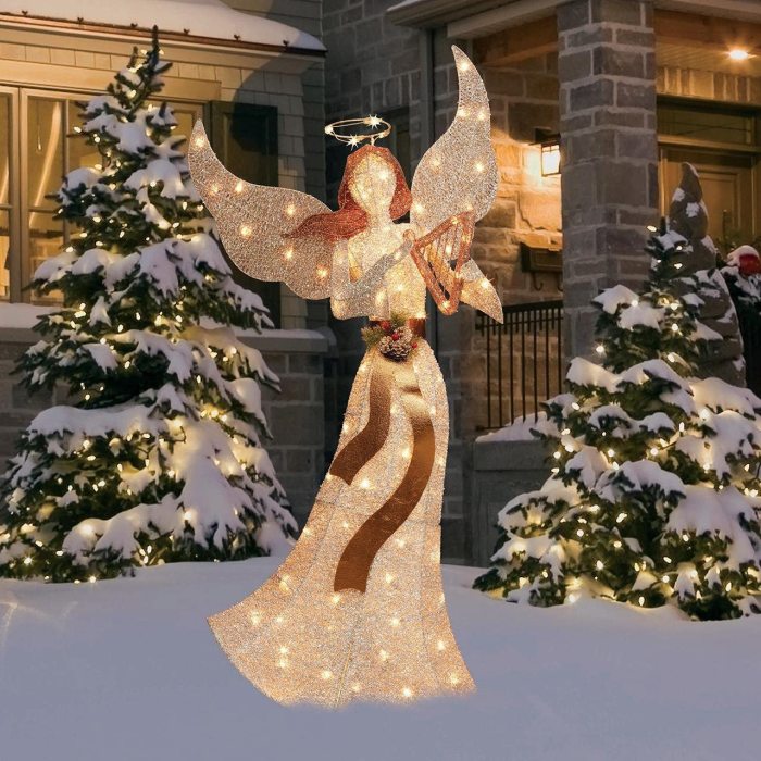 5 Foot Lighted Angel with Harp Sculpture Decoration Pre Lit Display Outdoor Christmas Yard Decoration Garden Yard Art Holiday Winter Display