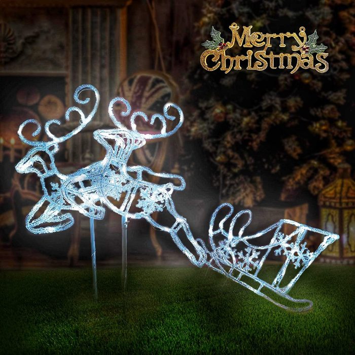 Christmas Double Reindeer and Sleigh Lawn Ornament, Waterproof LED Lights Indoor Outdoor, Yard, Christmas Holiday Lawn Decorations (White)
