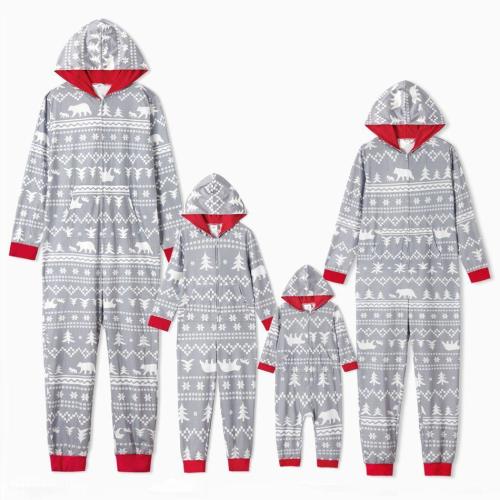 Plus Size Christmas All Over Print Light Grey Family Matching Long-sleeve Hooded Onesies Pajamas Sets