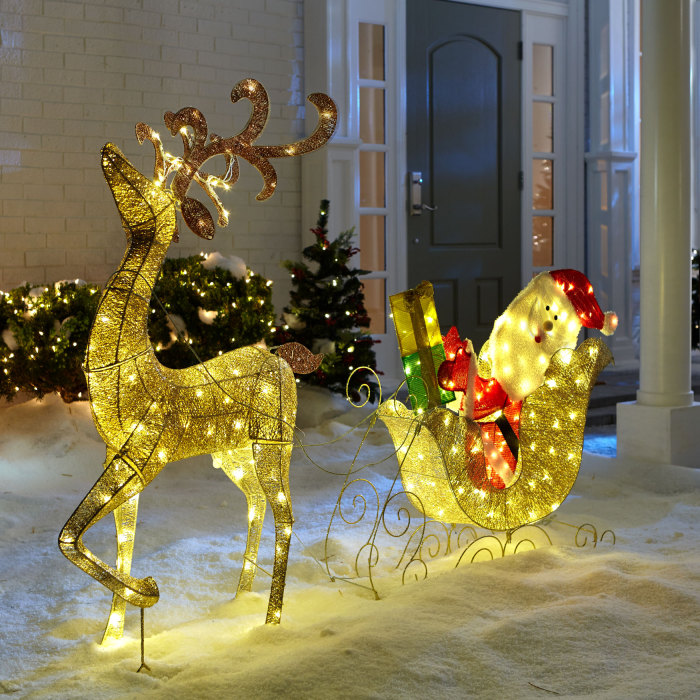 Glitter Reindeer With Santa & Sleigh, Outdoor Decor Gold Red  Crystal Splendor Sleigh