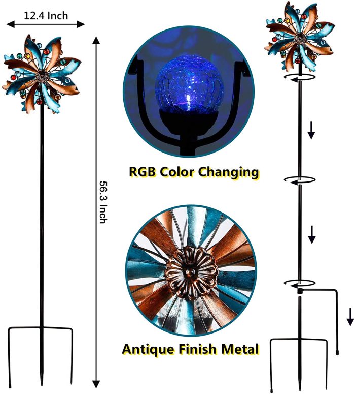 Solar Wind Spinner, 56.3 Inch Outdoor Metal Stake Yard Spinners, Garden Wind Catcher Wind Mills, Solar Powered RGB Color Changing LED with Glass Ball, Lawn Yard Patio Decoration