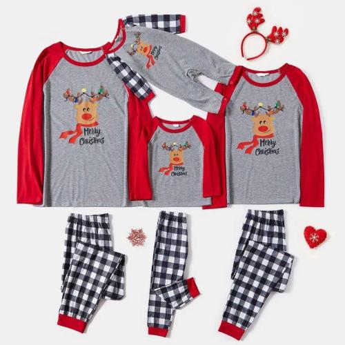 Plus Size Christmas Deer with String Lights and Letter Print Family Matching Raglan Long-sleeve Plaid Plus Size Pajamas Sets