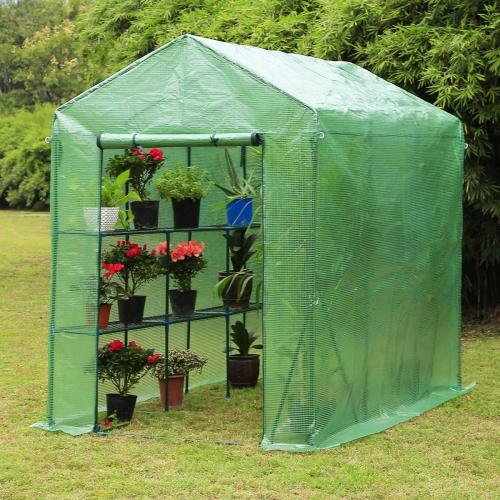 4.6'x7'x6.4' Portable Walk-in Greenhouses w/ 2 Tier 6 Shelves, Green