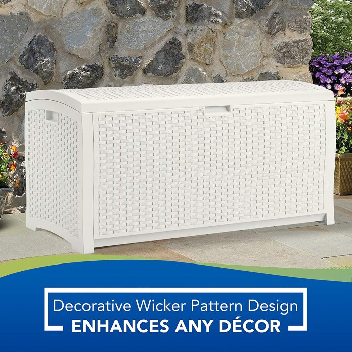 99 Gallon Resin Wicker Patio Storage Box - Water Resistant Outdoor Storage Container for Toys, Furniture, Yard Tools - Store Items on Deck, Porch, Backyard - White
