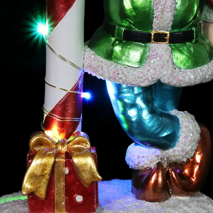 Hand Painted LED Candy Cane Elf Statuary with Merry Christmas Sign on a Battery Powered Timer, 10.5 Inches