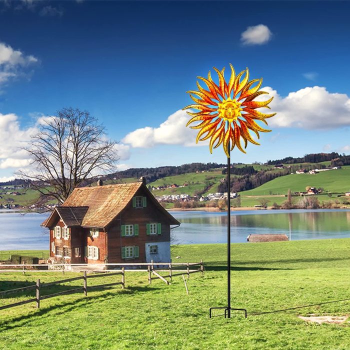 Wind Spinner Outdoor Metal Sun Wind Sculpture Spinners for Yard Patio Lawn Garden Decoration 75 inches Double Windmill 360 Degrees Swivel Spinner with Metal Stake