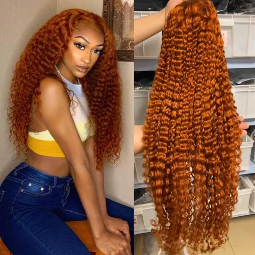 Fashion Orange Ginger Color Deep Curly Lace Frontal Wig