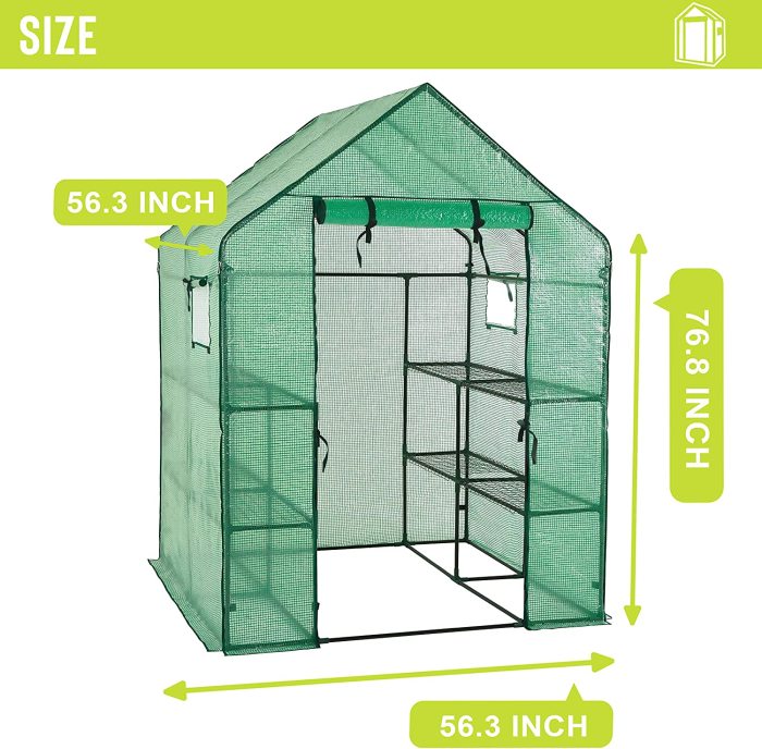 Deluxe Green House 56  W x 56  D x 77  H,Walk in Outdoor Plant Gardening Greenhouse 2 Tiers 8 Shelves - Window and Anchors Include!(Green)