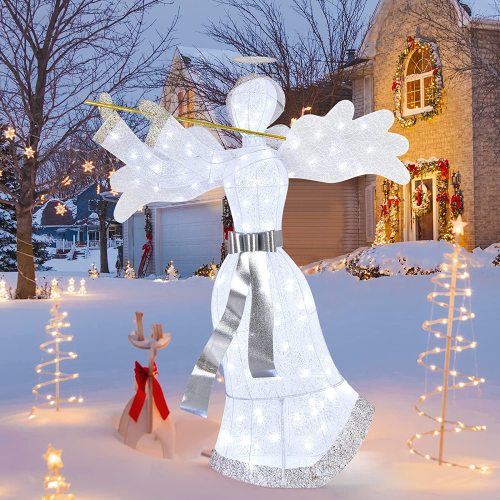 Christmas Outdoor Lighted Angel, Pre-Lit Yard Christmas Decoration, Artificial Christmas Decor w/ 100 LED Lights 4 Ground Stakes & 10 Zip Ties Indoor & Outdoor Xmas Holiday Decoration