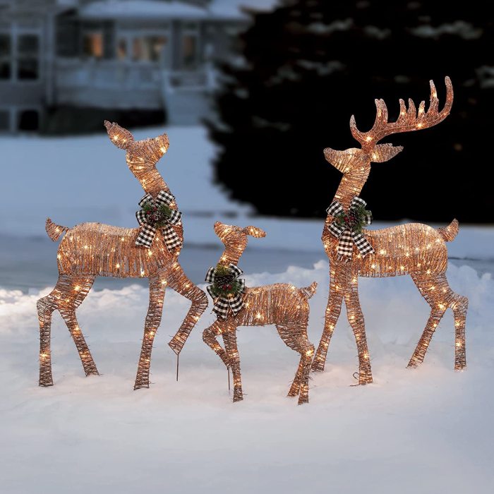 3 Piece Lighted Rustic Deer Family with Buffalo Plaid Bows Sculpture Decoration Pre Lit Display Outdoor Christmas