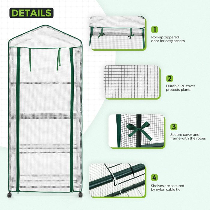 28'' x 19'' x 67'' Mini Rolling Greenhouse w/ Caster Wheels, 4-Tier Portable Rack Shelves Gardening Plant Green House for Outdoor & Indoor with Roll-Up Zipper Door, White