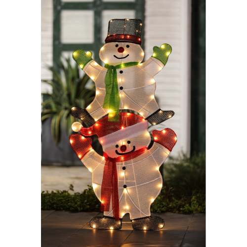 Lighted Stacked Snowman Yard Decoration - Green/Red/White - 50  H x 25  W x 2  D