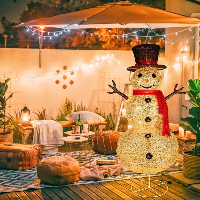 Lighted Outdoor Snowman Christmas Decorations, Pre-Lit Light Up White Snowman with Top Hat and 8 Built-in Bulbs, Collapsible Holiday Snowman for Home Indoor Lawn Yard Commercial Xmas Decor, 4 Feet