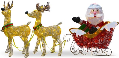 Pre lit Artificial Christmas Decor Includes Strung White Lights and Ground Stakes-Reindeer and Santa's Sleigh,4 Inch