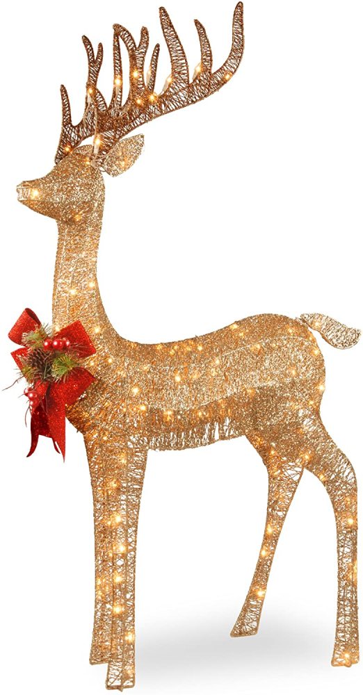 lit Artificial Christmas Decor Includes Pre-Strung White LED Lights and Ground Stakes, 4 ft, Sisal Splendor Champagne Standing Deer