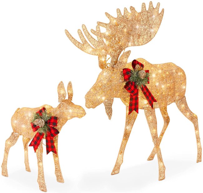 2-Piece Moose Family Lighted Outdoor Christmas Yard Decoration Set All-Weather w/Adult Bull & Baby Calf, 170 LED Lights, Ground Stakes, Zip Ties