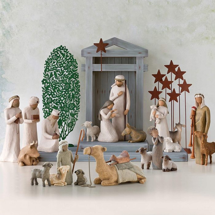 Shepherd and Stable Animals, Sculpted Hand-Painted Nativity Figures, 4-Piece Set