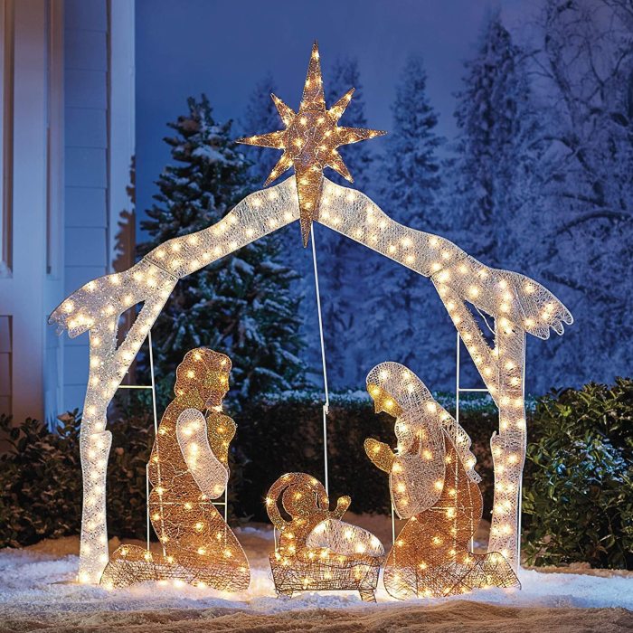 lit Artificial Christmas Decor Includes Pre-Strung Mini White LED Lights and Ground Stakes Crystal Holy Family Nativity-4.5 ft
