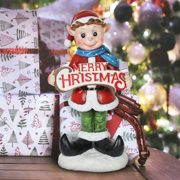 Hand Painted Holiday Elf with LED Merry Christmas Sign Statuary on a Battery Powered Timer, 14.5 Inches