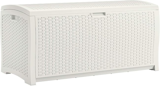 99 Gallon Resin Wicker Patio Storage Box - Water Resistant Outdoor Storage Container for Toys, Furniture, Yard Tools - Store Items on Deck, Porch, Backyard - White