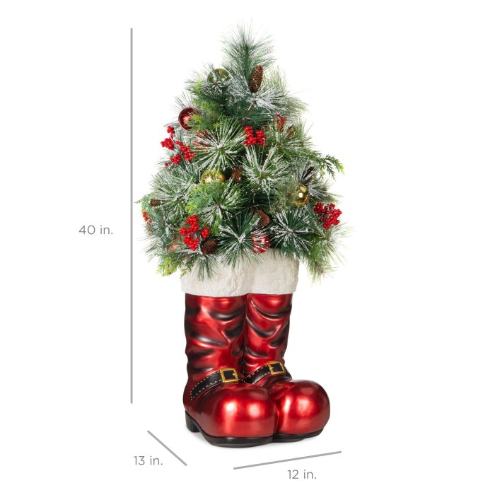 40in Santa Boots with Pre-Decorated Christmas Tree Greenery, Decoration for Home & Office, Hand-Painted Frosted Tips, Battery-Operated Lights