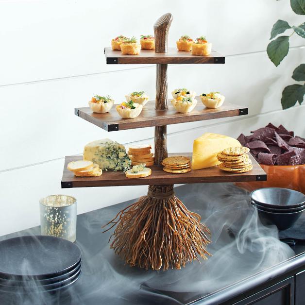 Halloween Broomstick 3-tiered Server Snack Bowl Stand