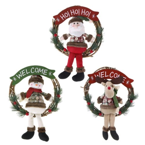 Christmas Rattan Ring Wreath Door Hanging Santa Snowman Elk Ornament
