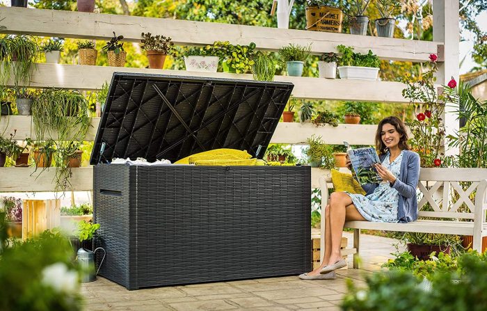 230 Gallon Resin Rattan Look Large Outdoor Storage Deck Box for Patio Furniture Cushions, Pool Toys, and Garden Tools, Grey