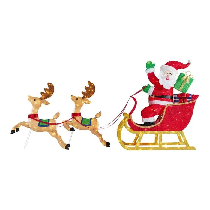 8.5 ft Yuletide Lane Giant-Sized LED Santa's Sleigh with Two Reindeers Yard Sculpture